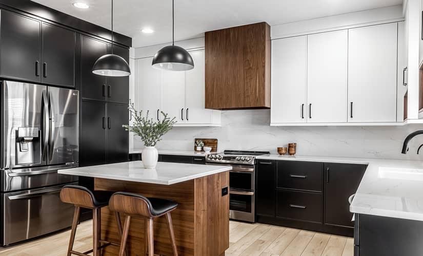 A black and white two-toned kitchen.