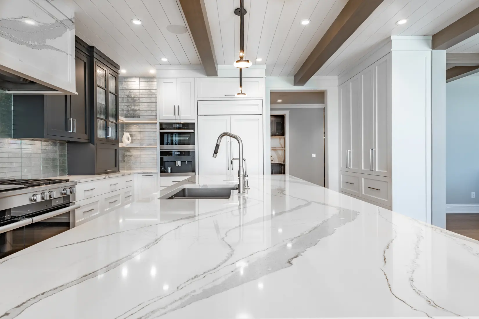Modern kitchen with dramatic marble slab countertops.