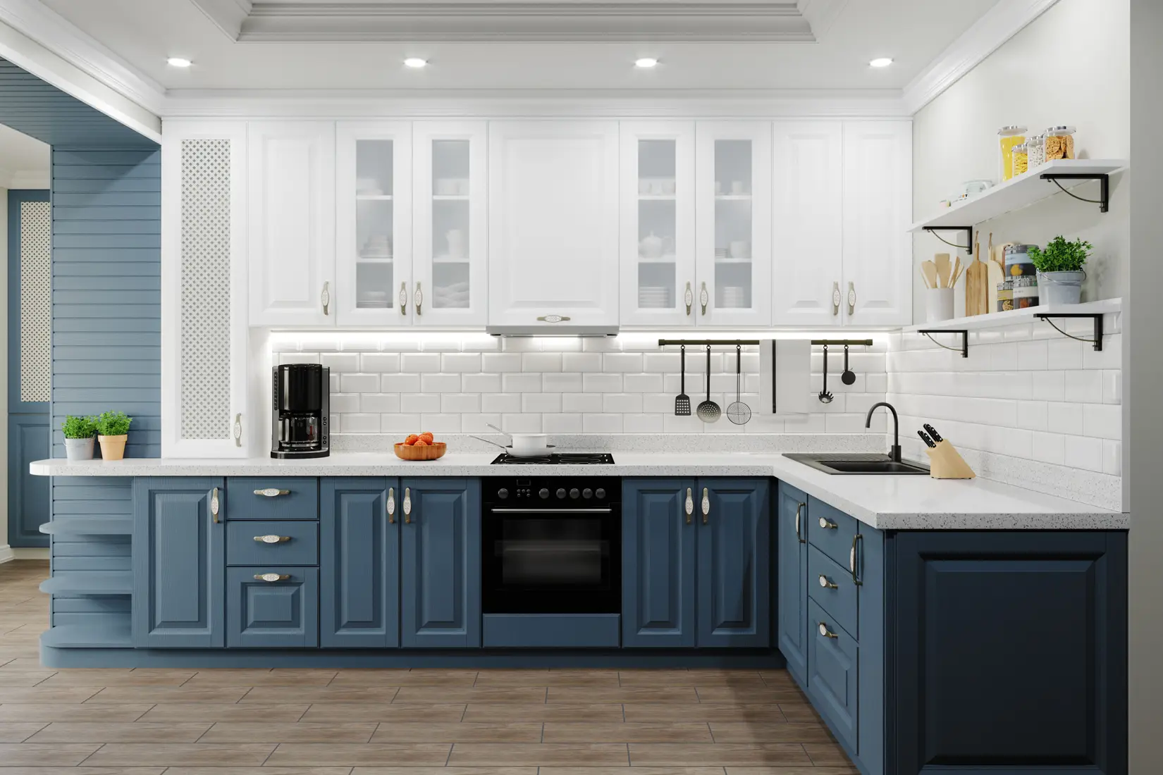 This kitchen design features white and blue kitchen cabinets.