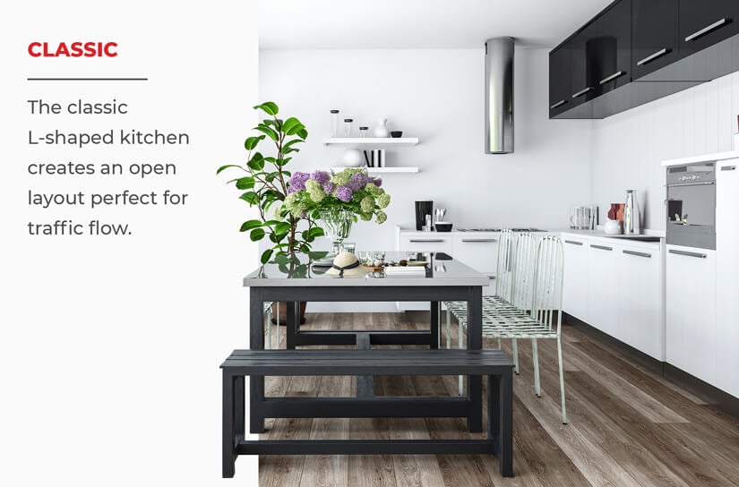  Classic L-shaped kitchen with text: The classic L-shaped kitchen creates an open layout perfect for traffic flow.