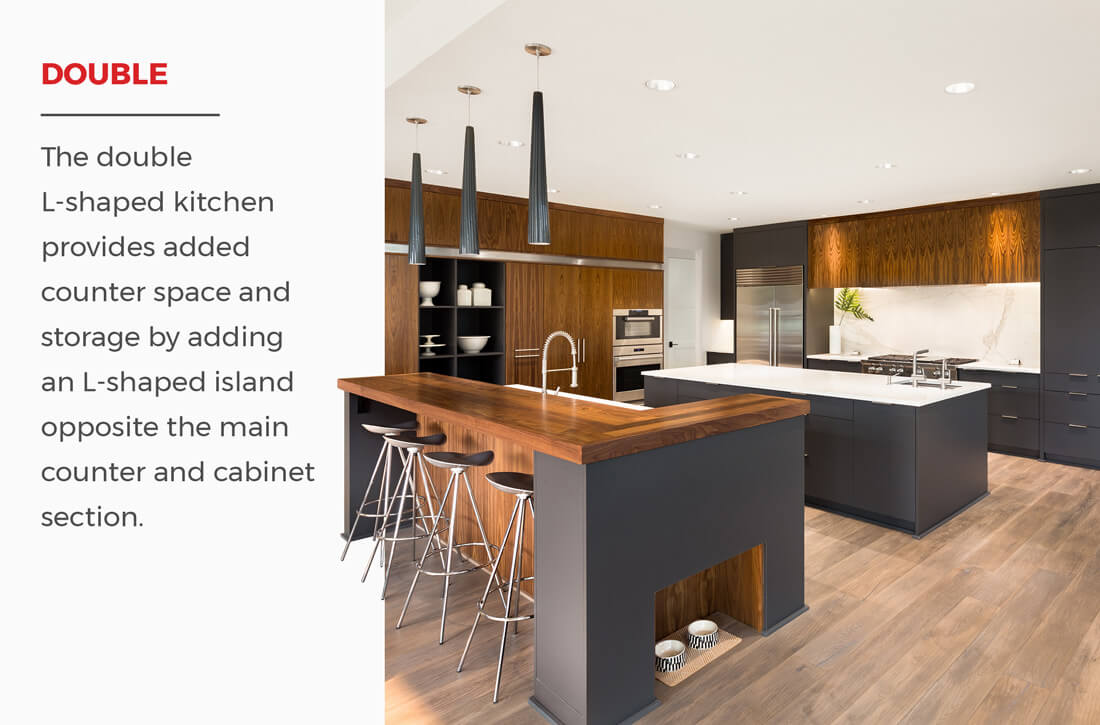 Double L-shaped kitchen with text: The double L-shaped kitchen provide added counter space by adding an L-shaped island opposite the main counter and cabinet section.