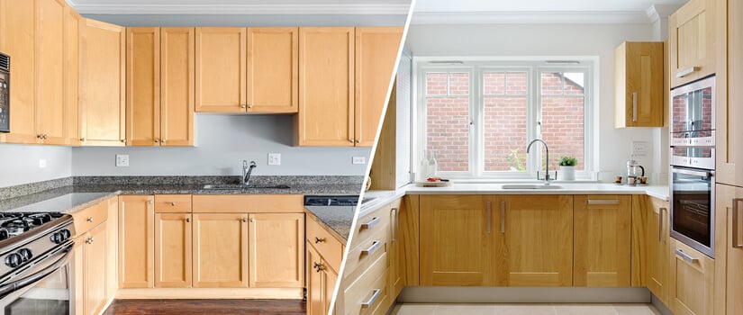  Side-by-side images of kitchens with oak and maple kitchen cabinets.