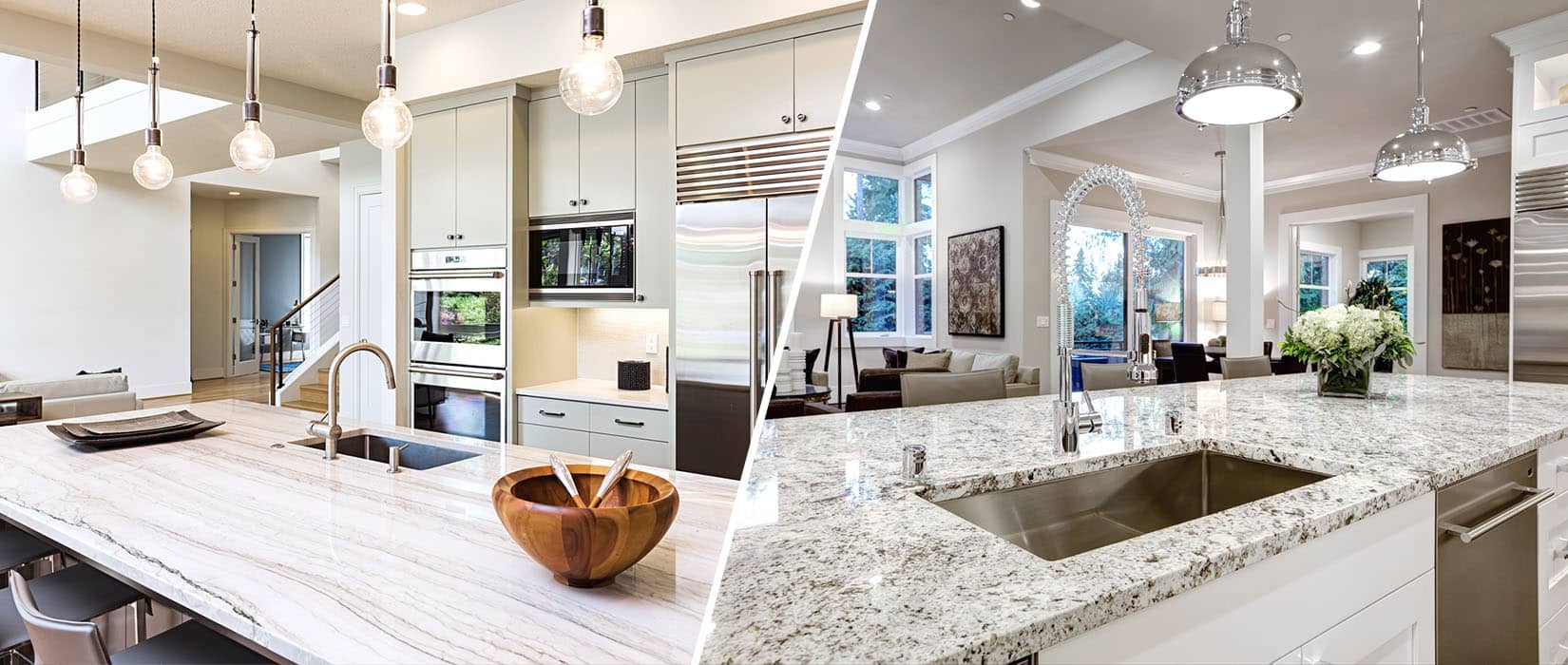 Side-by-side image of kitchens with marble and granite countertops.