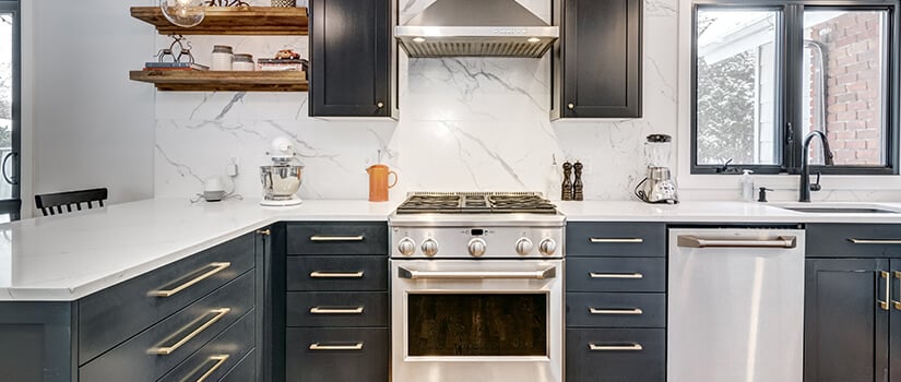 Modern kitchen with dark grey MDF cabinets and white marble backsplash