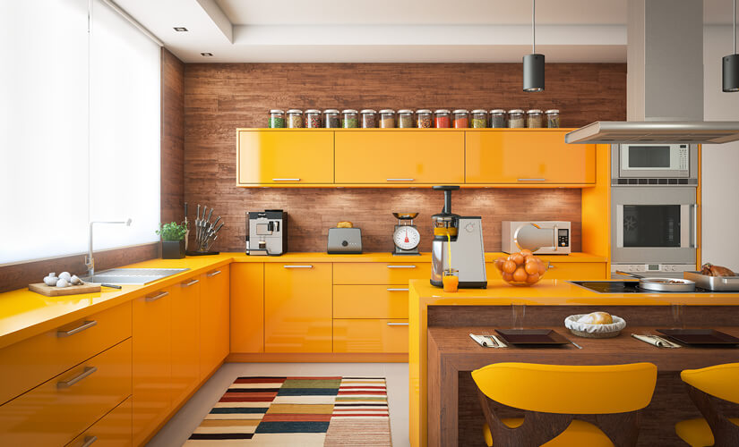 Mid-Century Modern kitchen with bright orange modern cabinets and matching countertops.