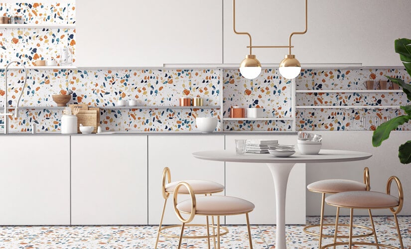 Mid-Century Modern kitchen with mult-colored terrazzo backsplash and mathcing kitchen floor.