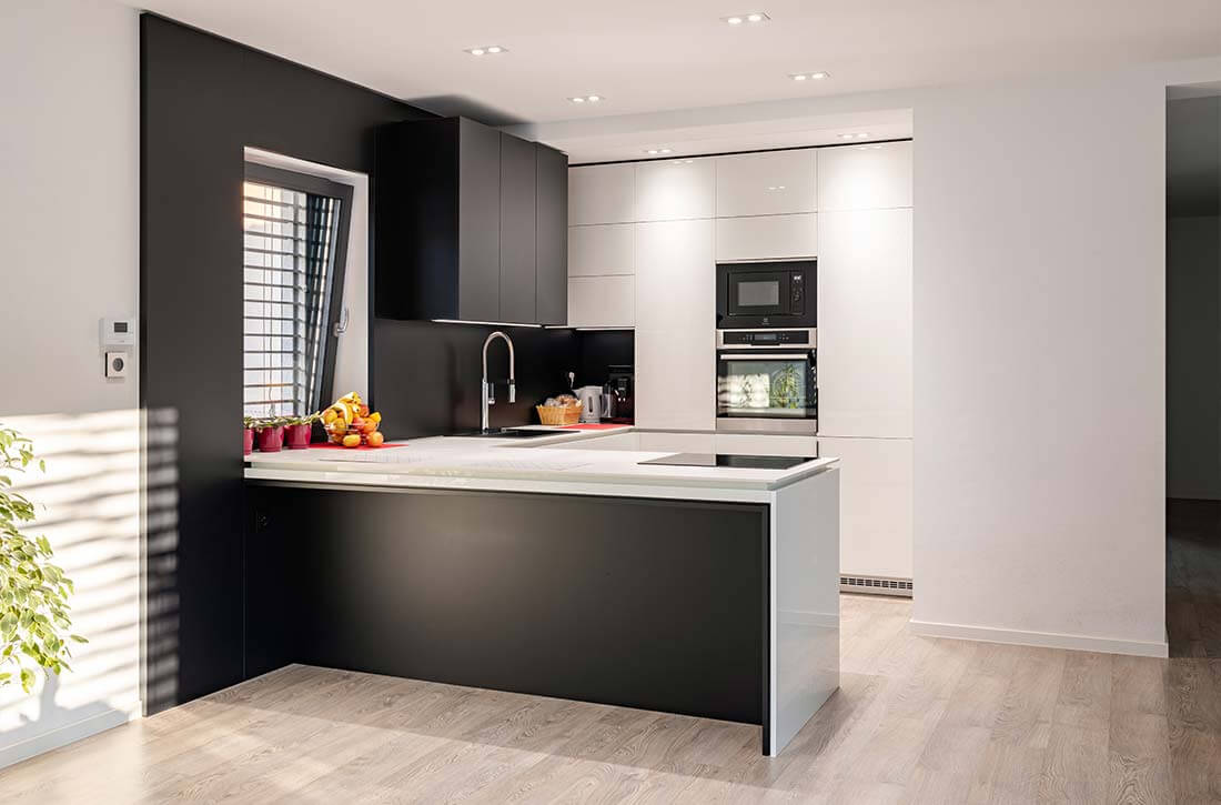 Black and white alcove kitchen layout.