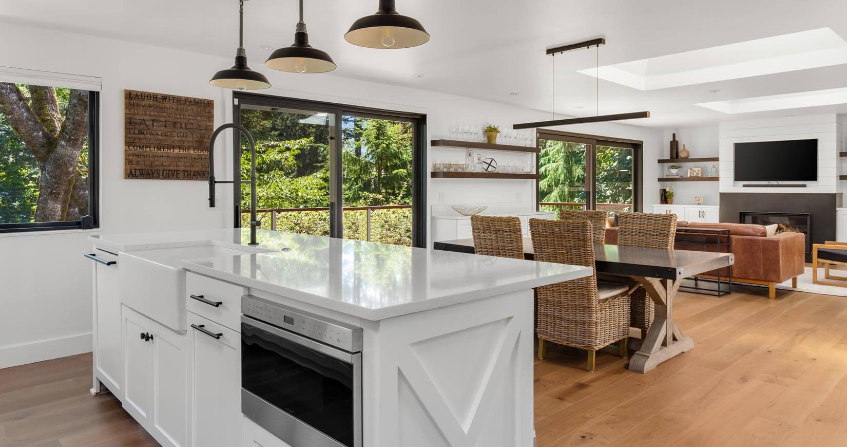 open kitchen with dining and living room