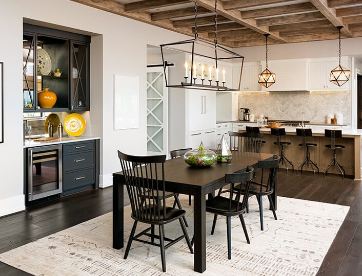 traditional chic open concept kitchen to dining room.