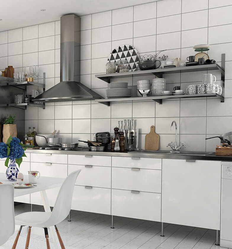 White, modern kitchen with an industrial vibe and steel open shelving.