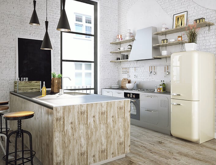 Minimalist industrial loft kitchen with thin wooden open shelves next to stainless steel range hood.