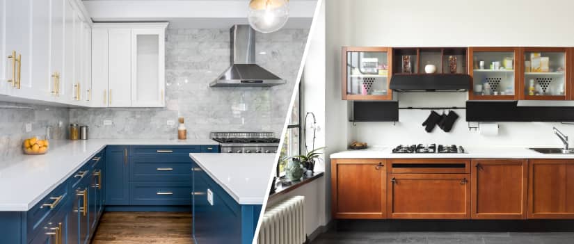 Side-by-side images of kitchens with painted vs. stained cabinets.