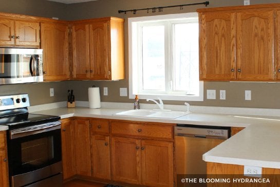 Wood cabinets with taupe painted walls