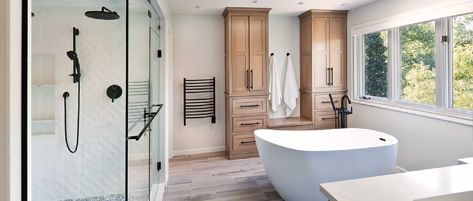 Newly remodeled bathroom with large walk-in shower and soaking tub.