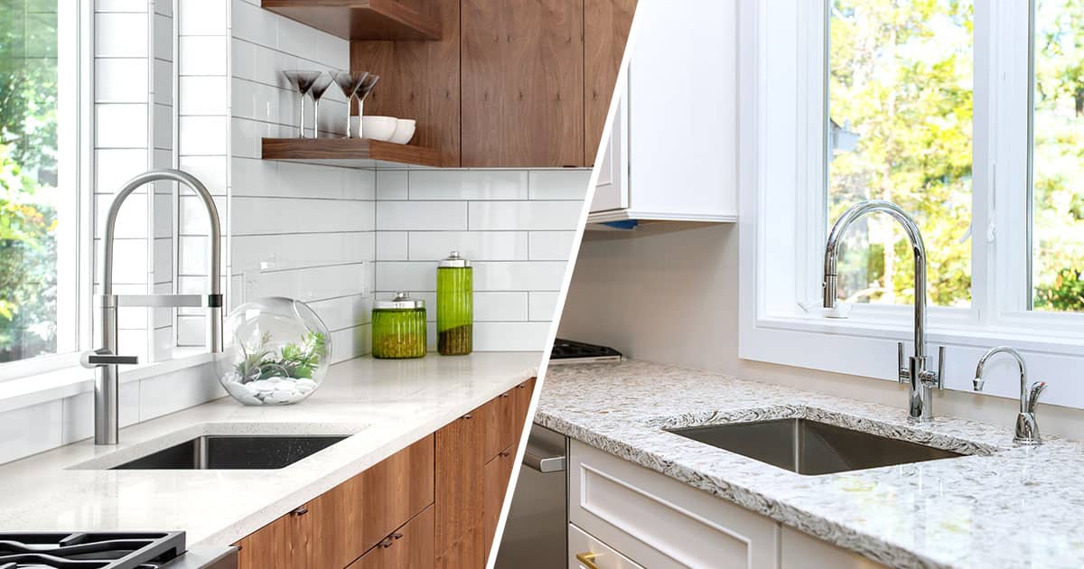 Side-by-side images of kitchens with quartz and granite countertops.