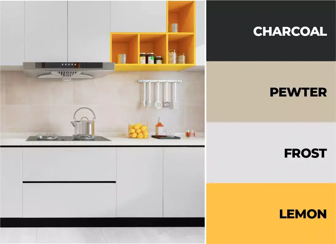Pop of yellow in a white and black small kitchen.