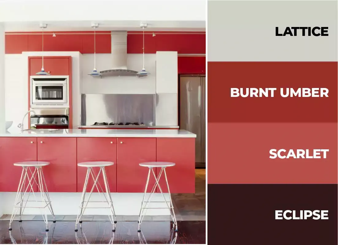 Scarlet red kitchen cabinets with white accent pieces.