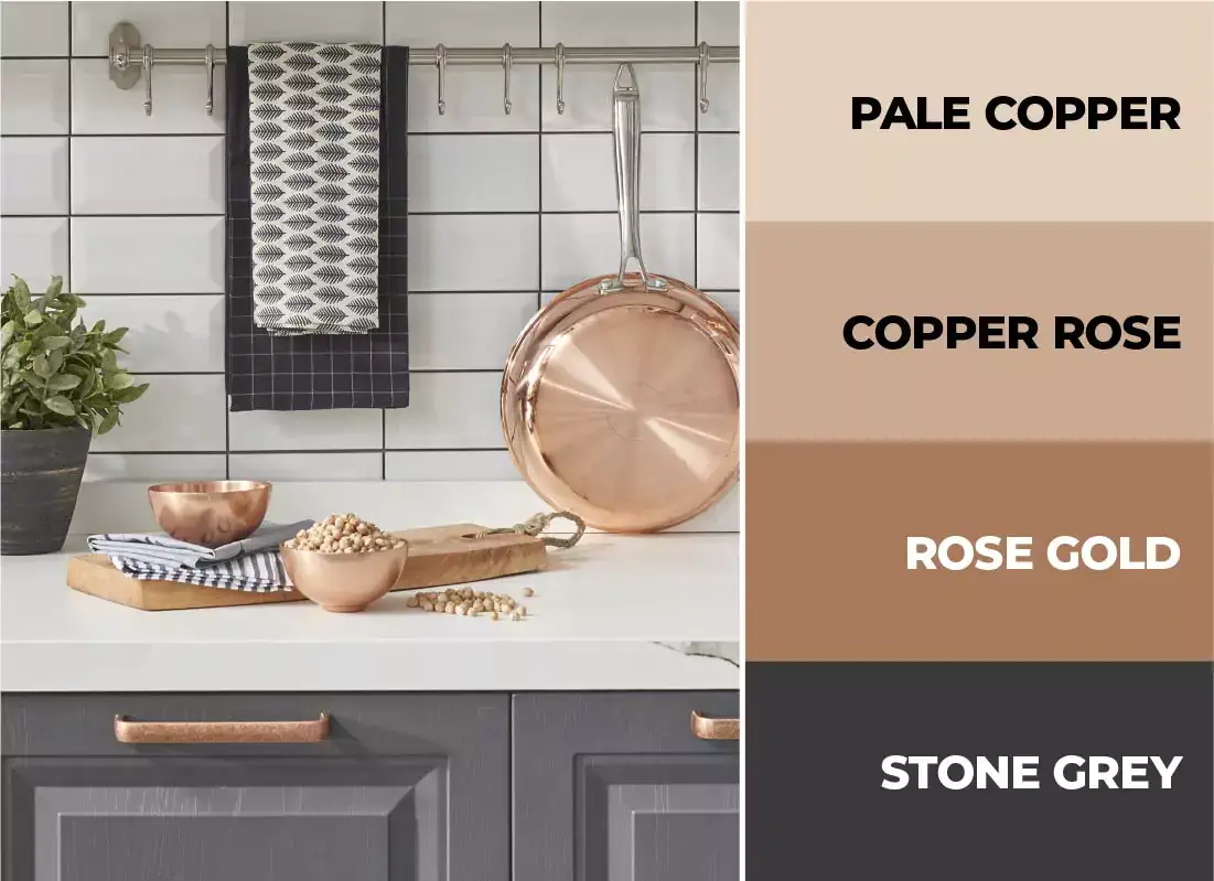 Copper, rose gold and stone gray kitchen.