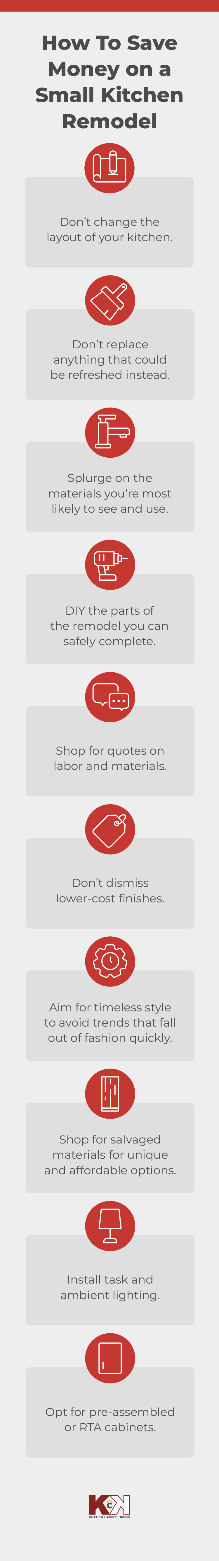 Illustrated chart with 9 tips for saving money on a small kitchen remodel.