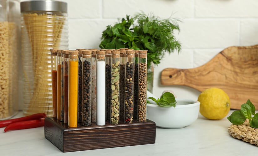 Multiple spices stored in narrow test tube glass containers.