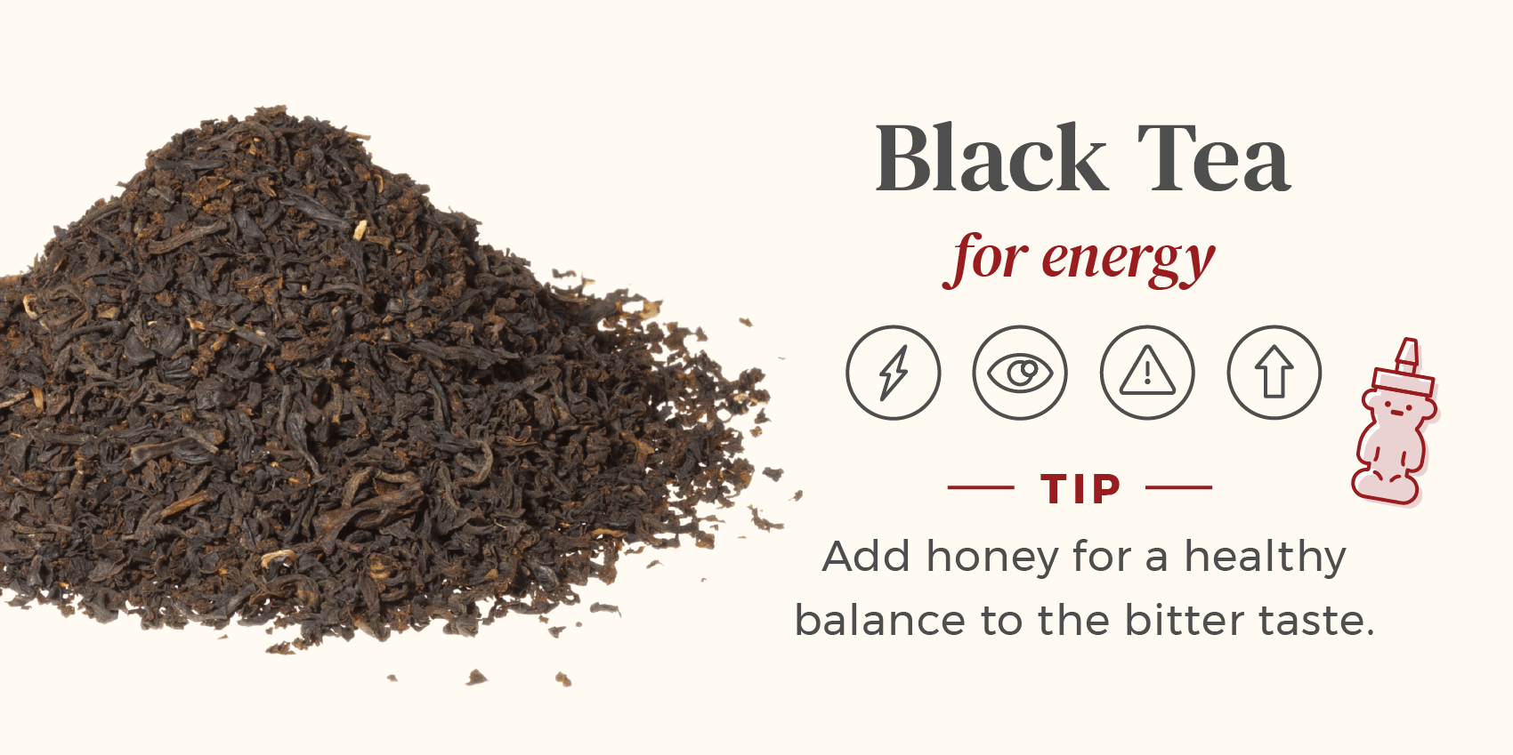 Pile of loose black tea used for energy, add honey for best effects.