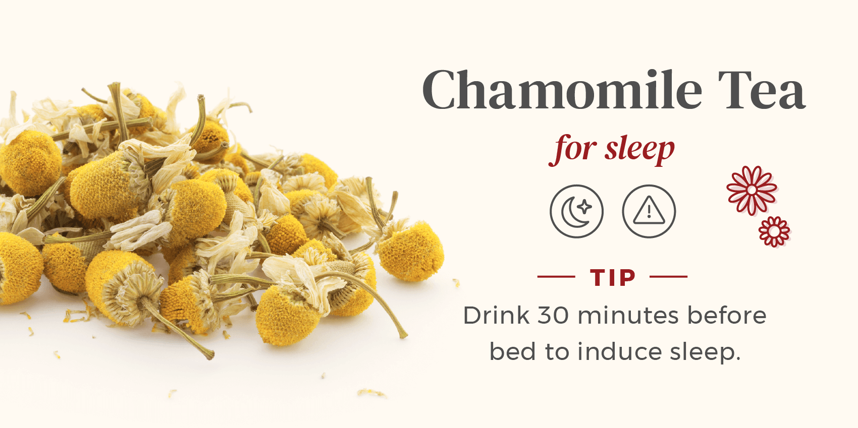 Pile of loose chamomile tea used for sleep, drink 30 mins before bed for best effects.
