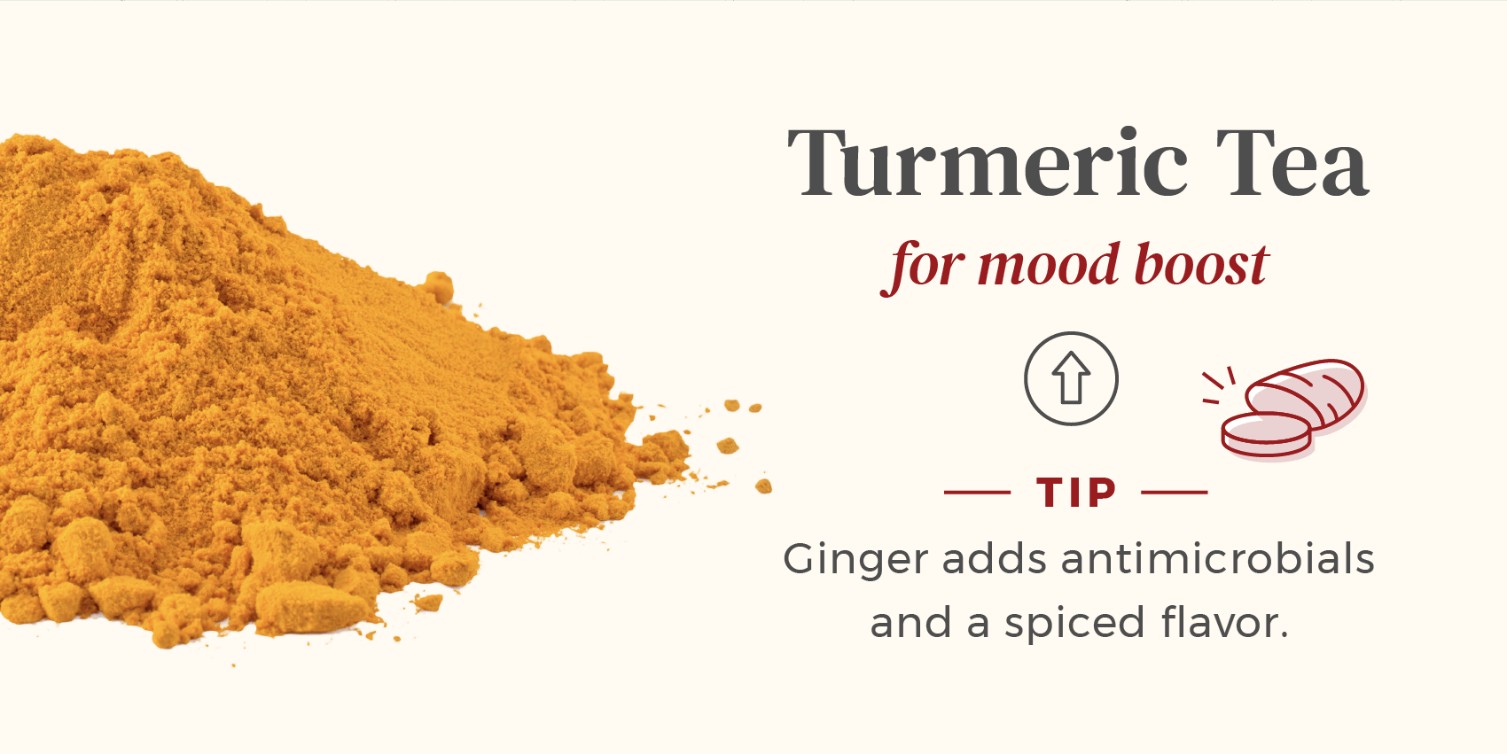 Pile of loose turmeric tea used for a mood boost, add ginger for best effects.