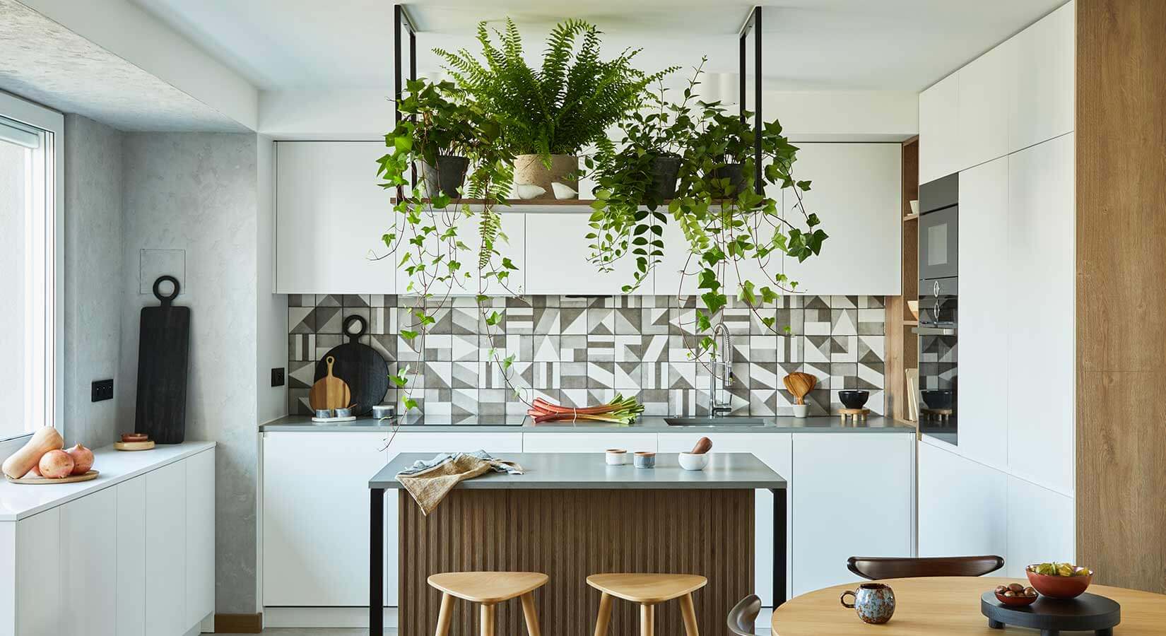 Small kitchen with white cabinets and gray mosaic backsplash with plants suspended over kitchen island.