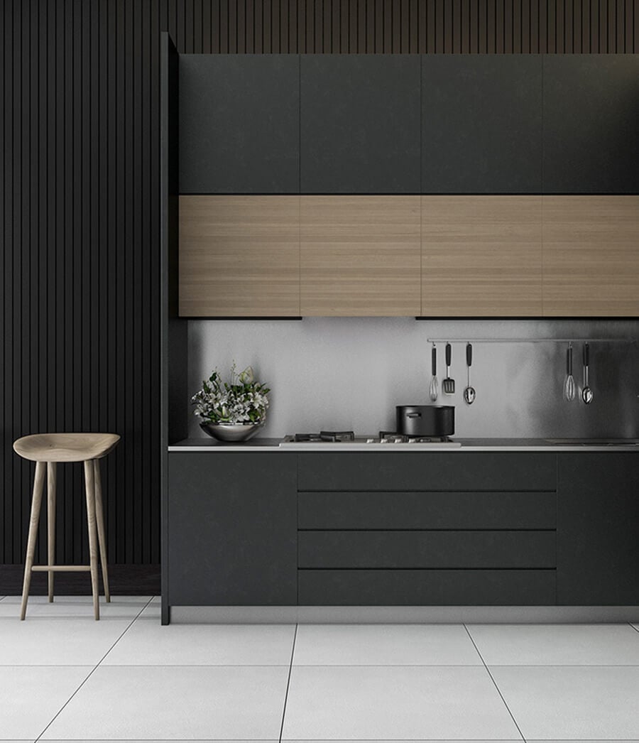 Beige and black two-tone kitchen.