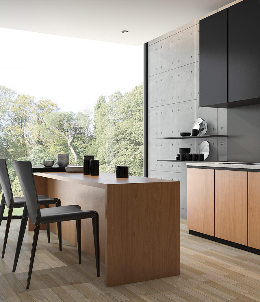 Two tone kitchen cabinets in black.