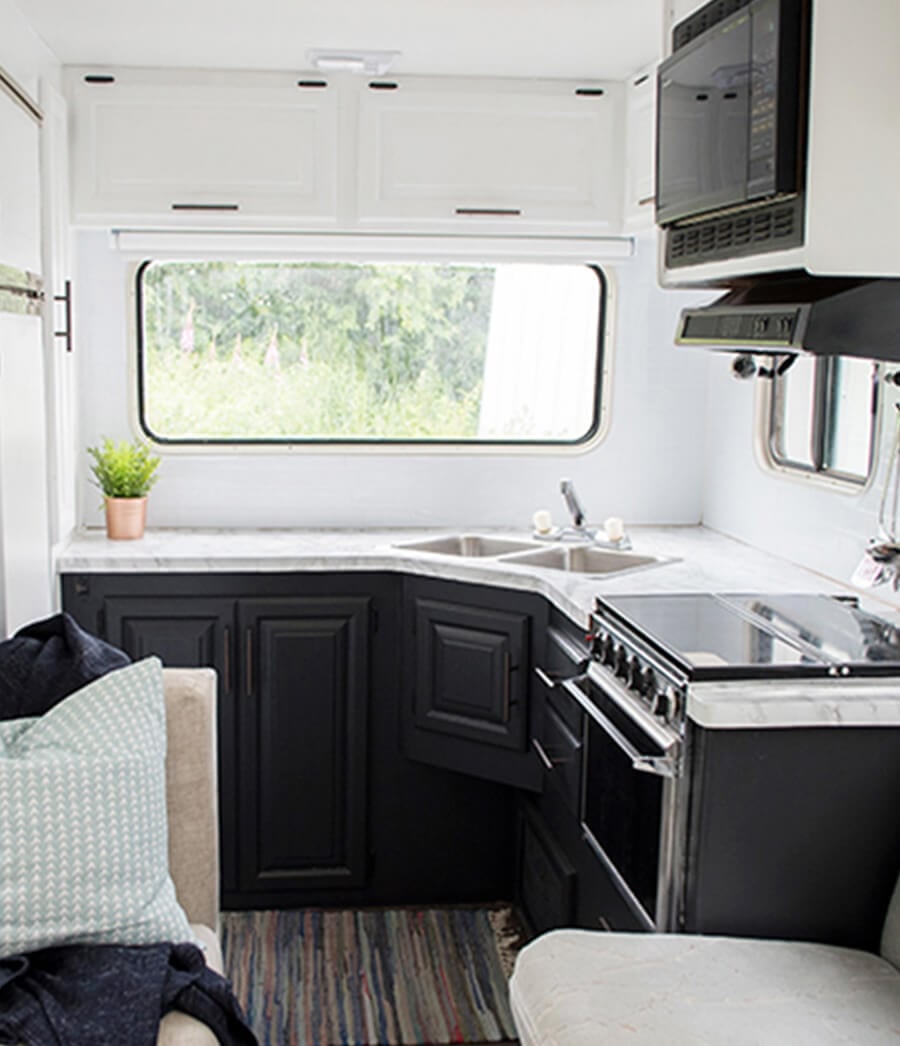 Two tone kitchen cabinets in camper style.