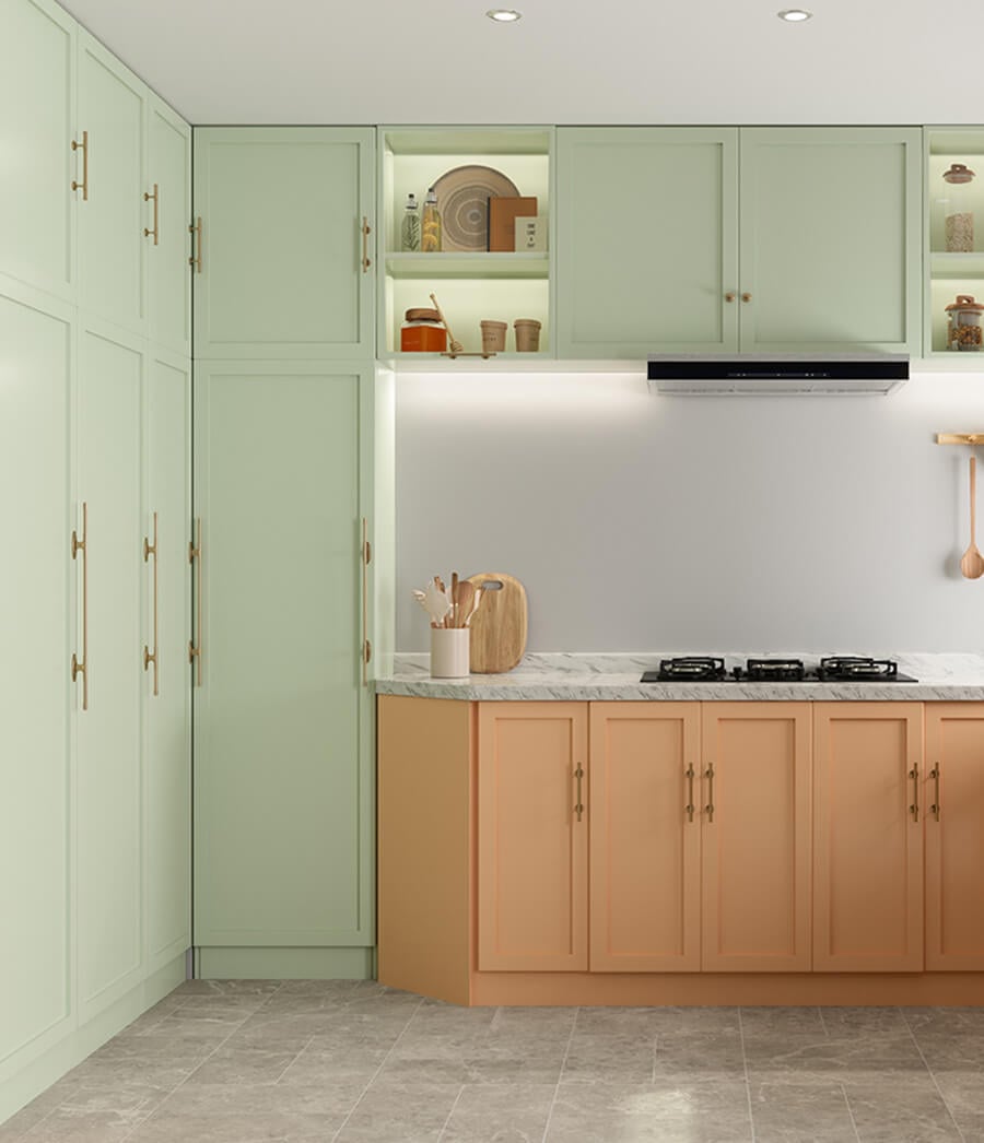 Two tone kitchen with pastels.