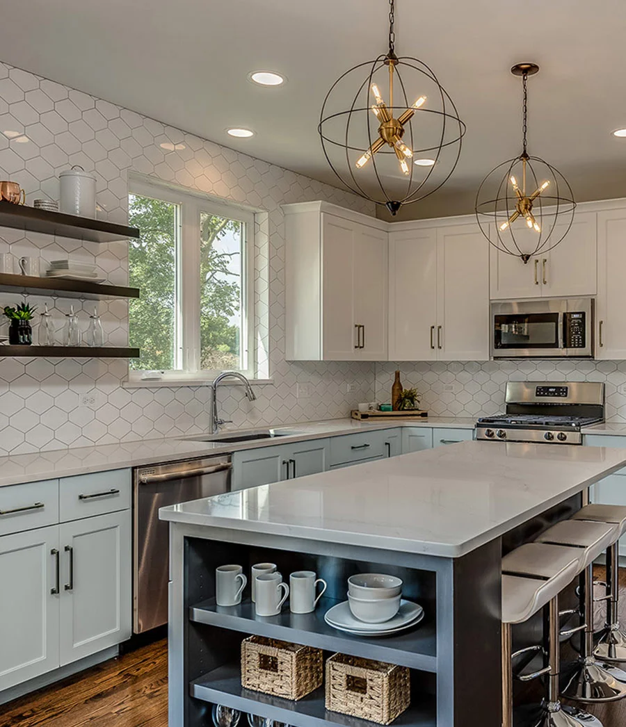 Two-tone kitchen with a pale color palette