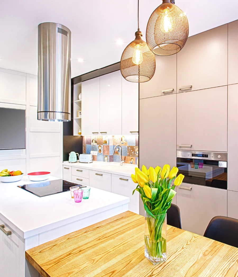 Two tone kitchen cabinets with patterns