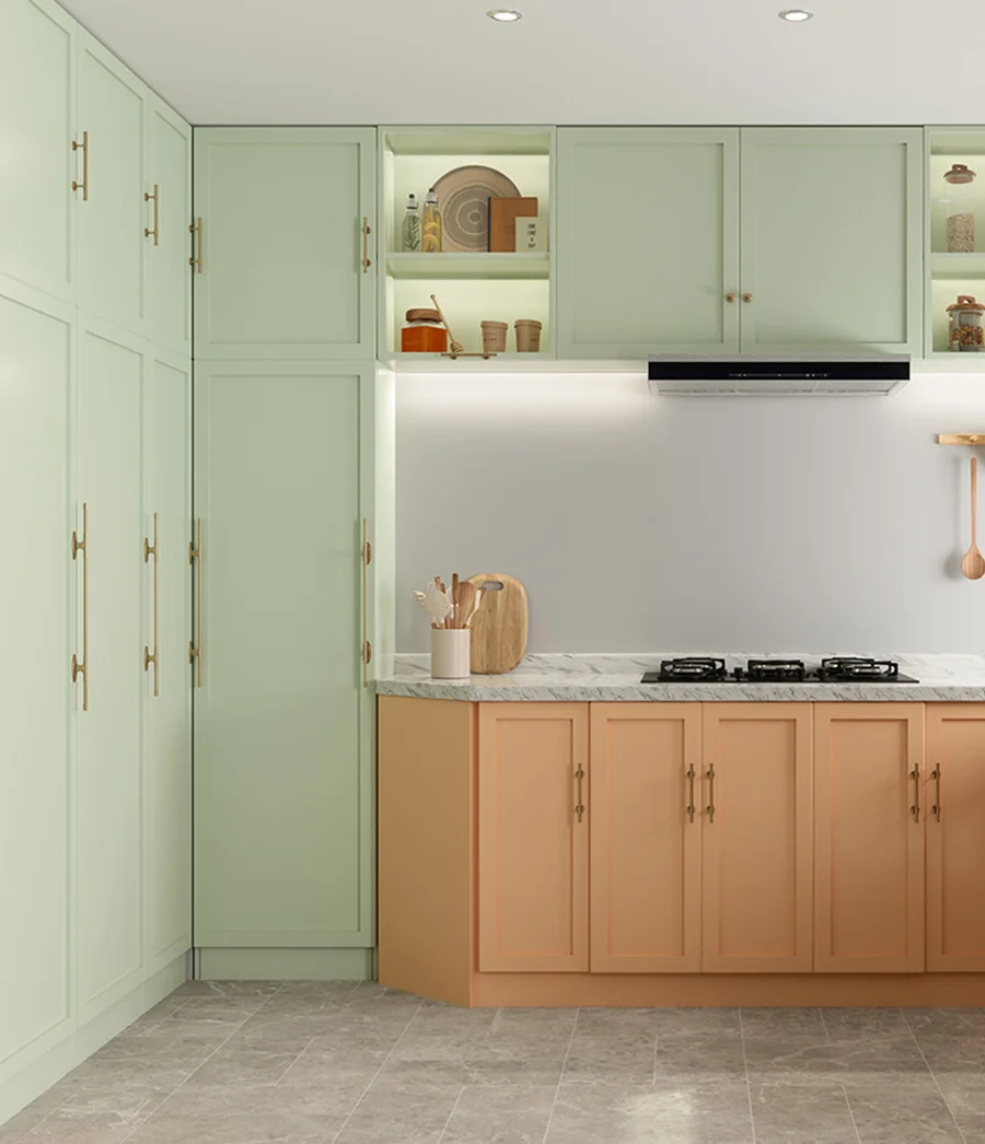 Two tone kitchen with pastels