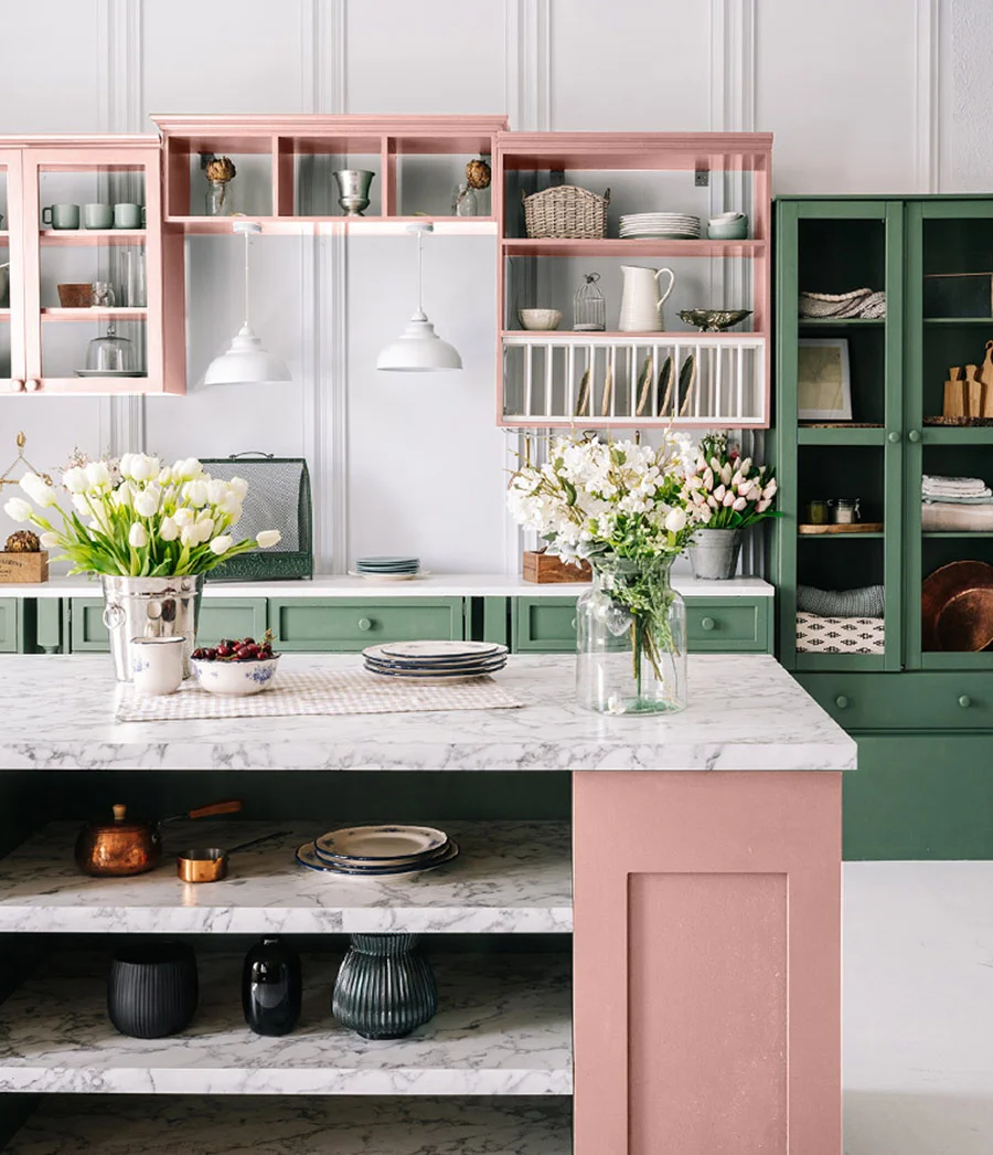 Pink and green two tone kitchen