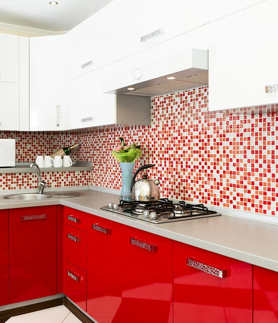 Two tone kitchen cabinets in red and white