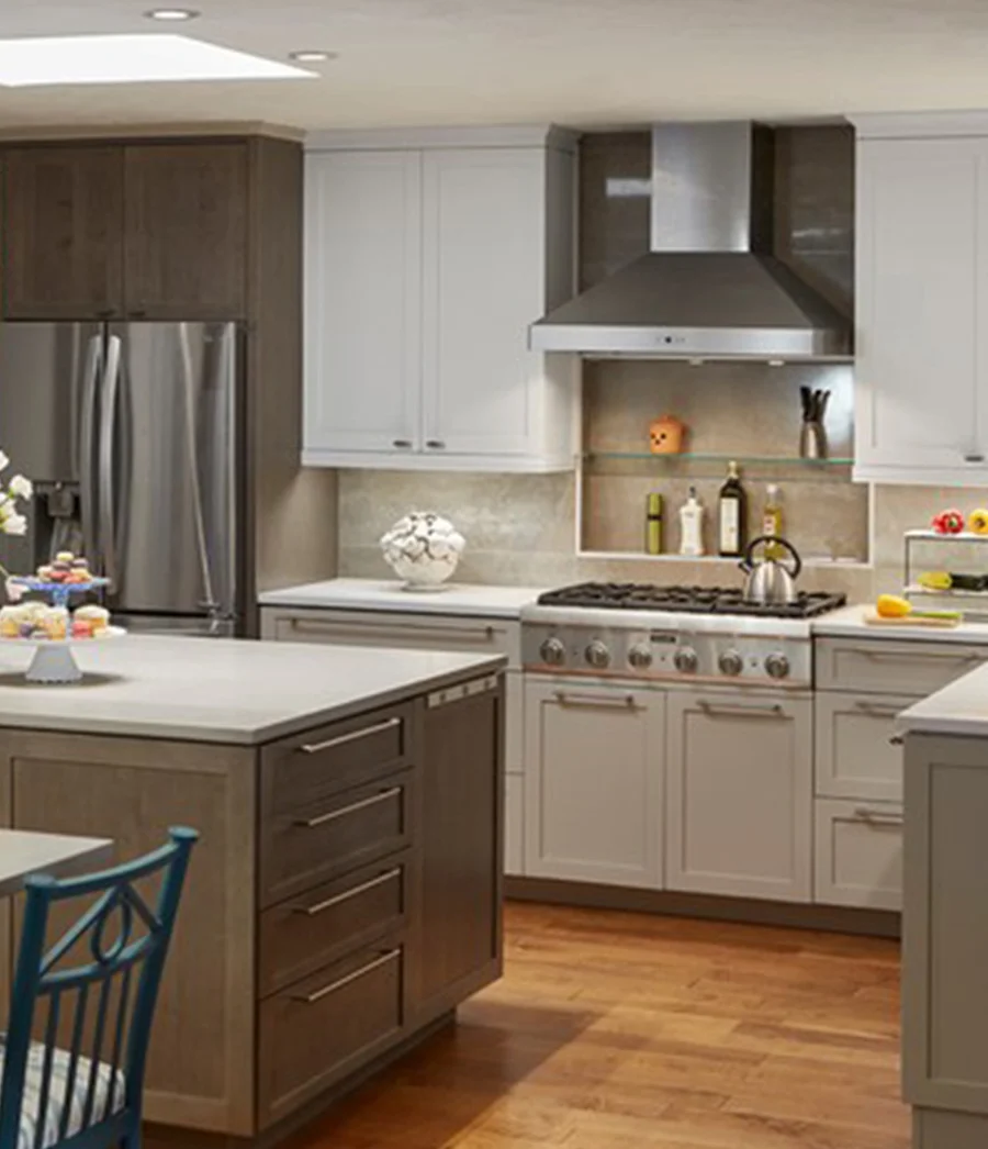 Two tone kitchen cabinets in earthy tones