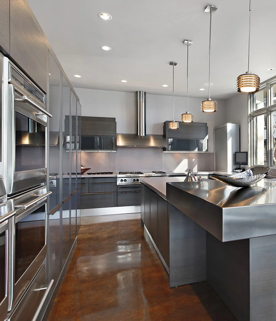 Two-tone kitchen cabinets with white and stainless steel