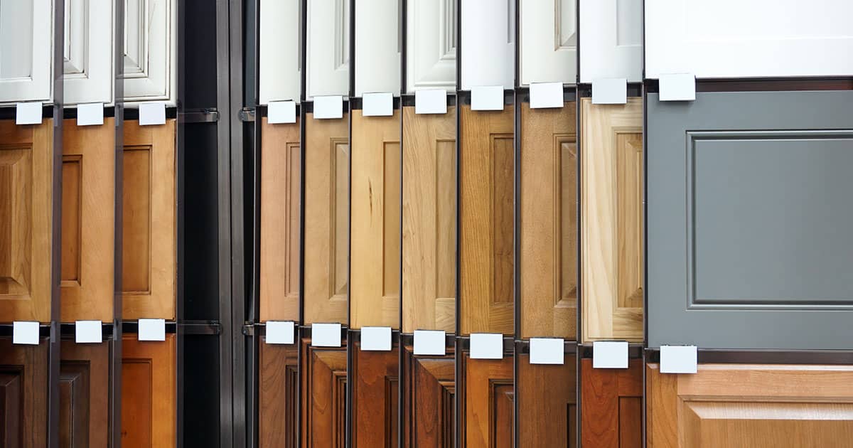 Display samples of different types of cabinet materials and styles.