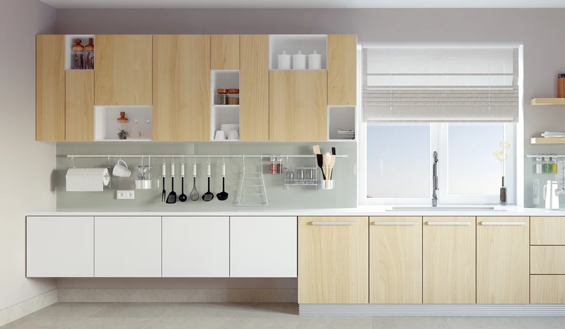 Small one-wall kitchen with floating two-tone kitchen cabinets.