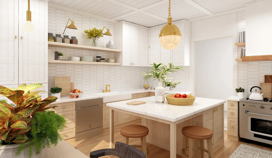 Updated kitchen with white beadboard kitchen cabinets.