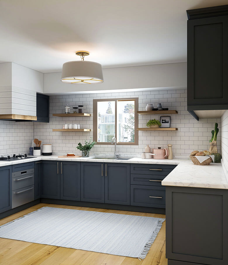 Modern kitchen with navy blue base cabinets open wood shelving and white subway tile backsplash up the walls.