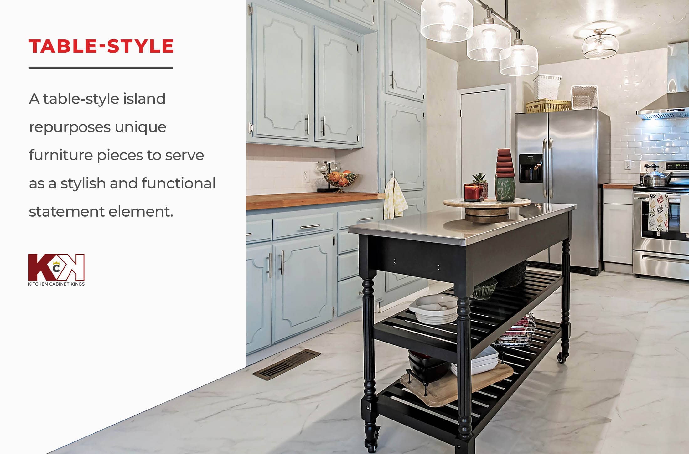 image and definition of table-style kitchen island.