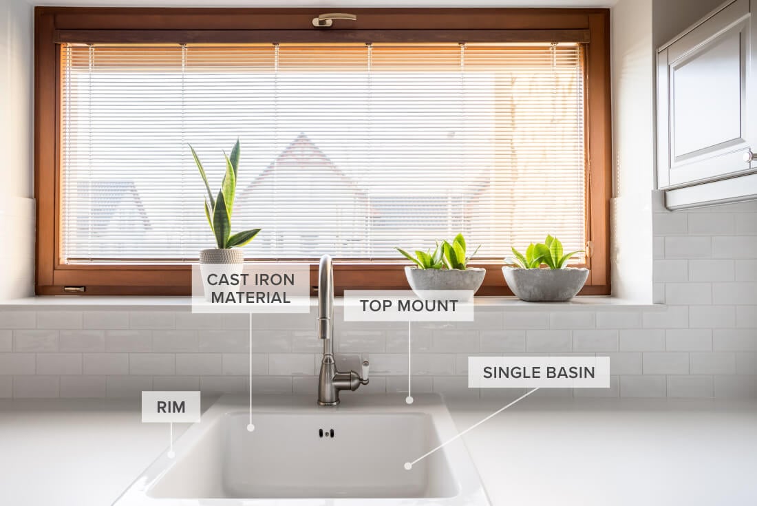 White single-bowl cast iron sink with white countertops in front of kitchen window with bamboo blinds.