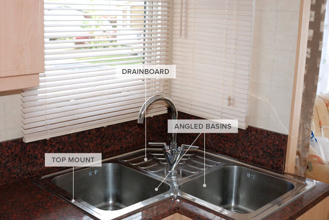 Double-basin stainless corner sink in front of corner window with white blinds.