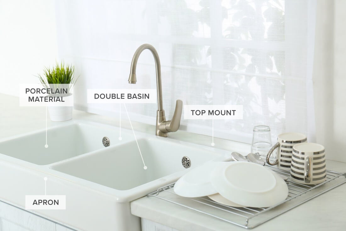 Drying rack with stack of plates and two mugs beside white double-bowl sink.