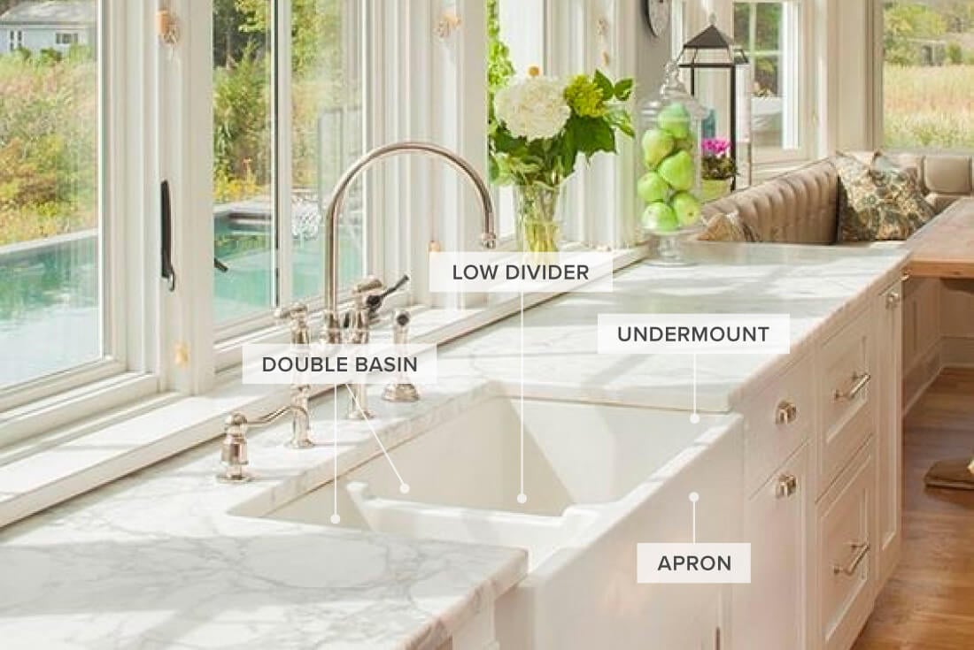 White farmhouse double-basin sink with low basin divider on white and gray marble countertops.