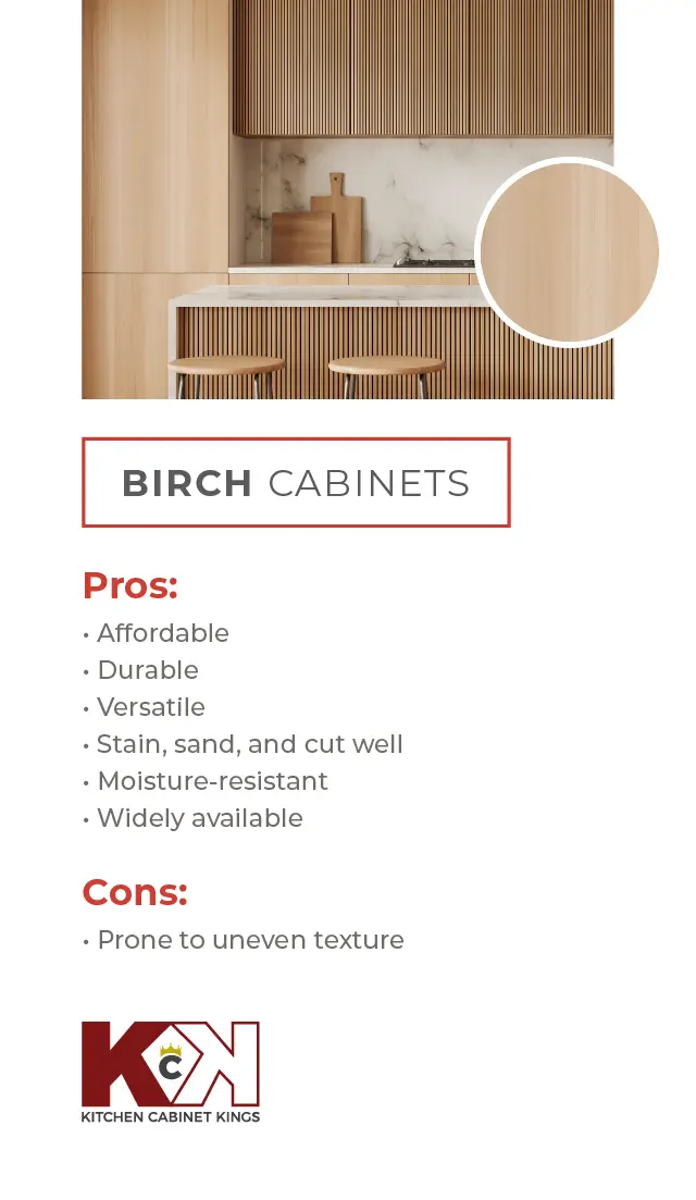 Image of a kitchen with birch cabinets and a pros and cons list on the right side