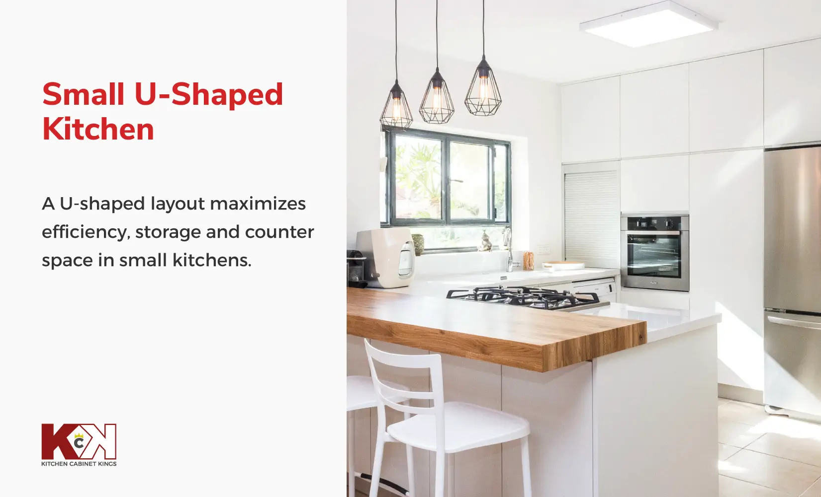 Small U-shaped kitchen with text: “A U-shaped layout maximized efficiency, storage, and counter space in small kitchens.”